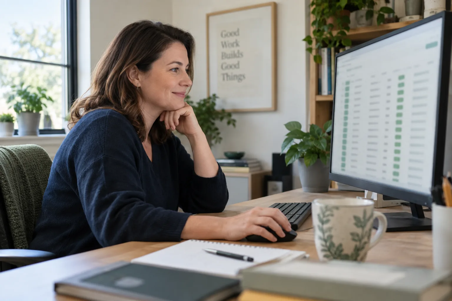Illustrative scene: a business owner reviewing useful contacts on a desktop computer