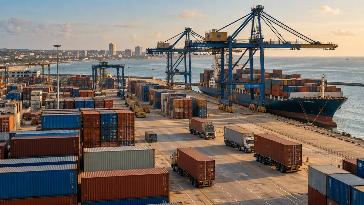 Illustrative African coastal logistics terminal with containers and cranes