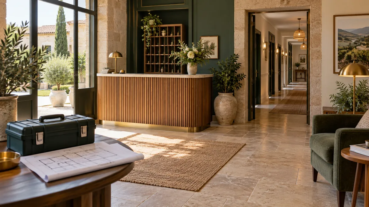 Illustrative French hotel lobby with maintenance equipment and a building plan